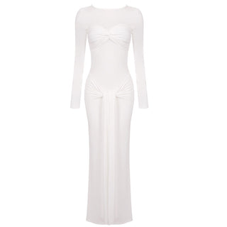 Long Sleeve Knotted Maxi Dress - Sexy Round Neck Ribbon Detail