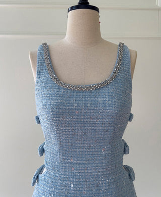 Sleeveless Blue Tweed Mini Dress with Bow Accents and Embellished Neckline