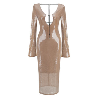 Star Night Backless Long Sleeve Sequin Long Dress