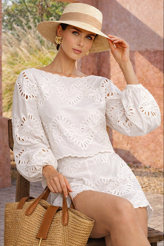 Embroidered Top & Shorts Set – Relaxed Fit, Scalloped Hem & Elastic-Waist Shorts