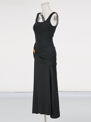 Sleeveless Stretch Maxi Dress with Side Draping & Floral Brooch