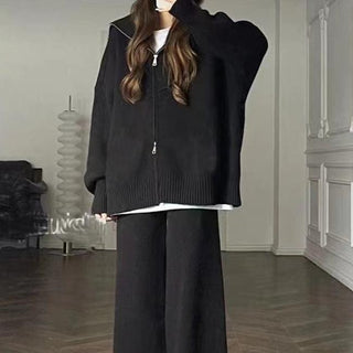 Cozy Knit Set - Wide Leg Pants & Oversized Zip-Up Sweater