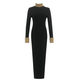 Elegant Long Sleeve Bandage Tall Dress with Gold Pearl Detailing