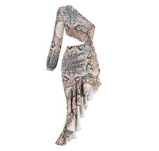 One-Shoulder Long Sleeve  Slit Long Dress