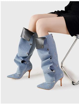 Denim Knee-High Boots with Leather Cuff and Stud Detailing