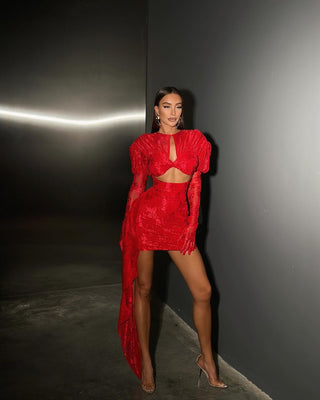 Elegant Lace Mini Dress with Long Sleeve Extension Gloves