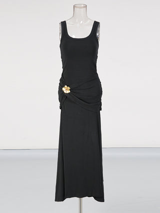 Sleeveless Stretch Maxi Dress with Side Draping & Floral Brooch