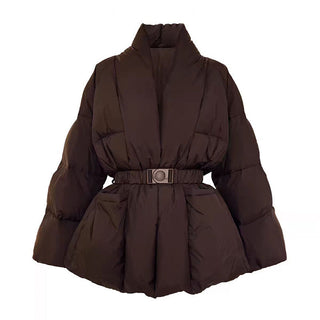 Premium Midi Puffer Jacket with Belt - White Duck Down Filled