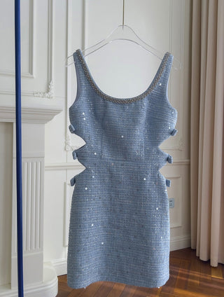 Sleeveless Blue Tweed Mini Dress with Bow Accents and Embellished Neckline