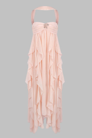 Strapless Ruffle Chiffon Long Dress with Rhinestone Starfish Brooch Backless, Layered Flowing Skirt
