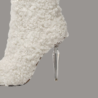 Faux Shearling Knee High Boots with Clear Heel