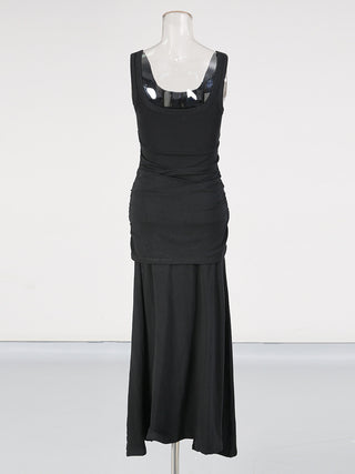 Sleeveless Stretch Maxi Dress with Side Draping & Floral Brooch
