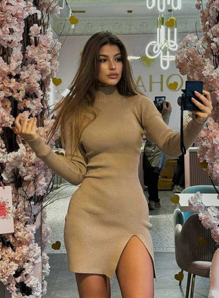 Long Sleeve Knitted Mini Dress with Slit