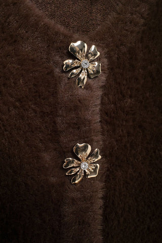 Faux Fur Cardigan Top with Floral Button Detailing