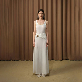 Sleeveless Stretch Maxi Dress with Side Draping & Floral Brooch