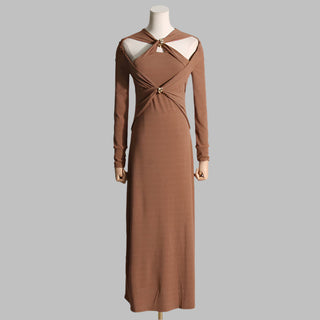 Gold Accent Cutout Long Sleeve Long Dress