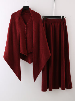 3 Piece Knit Set with Shawl, Buttoned Knit Top and Long Skirt
