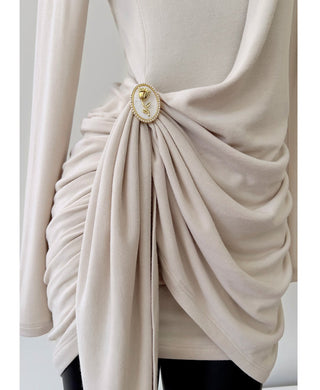 Cream Long-Sleeve Draped Mini Dress with Rhinestone Detail