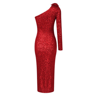 Red Cascade Sequin One Shoulder Long Dress
