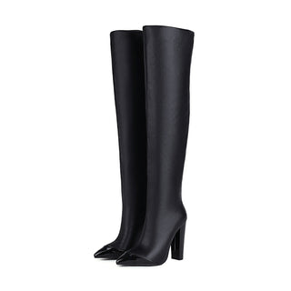 Leather Knee High Boots with Pointed Toe and Block Heel
