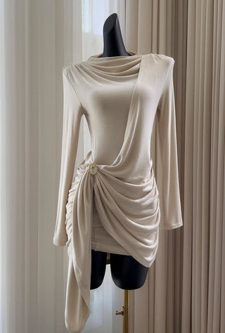 Cream Long-Sleeve Draped Mini Dress with Rhinestone Detail