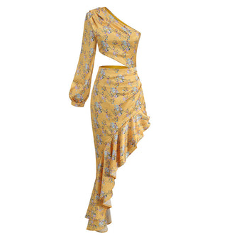 One-Shoulder Long Sleeve  Slit Long Dress
