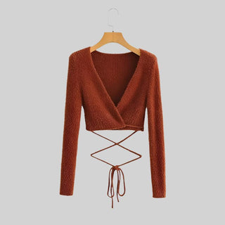 Slim Fit V-Neck Wrap-Around Long Sleeve Crop Top