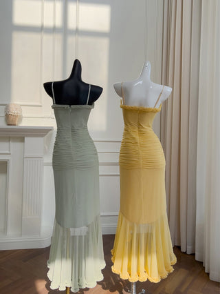 Elegant Sleeveless Long Mesh Dress with Ruffled Details