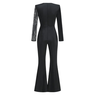 Sexy Deep V-Neck Rhinestone Flared Jumpsuit - Slim Fit Long Sleeve