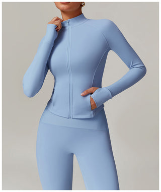 High-Neck Zip-Up Sports Jacket with Thumbholes