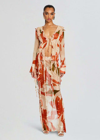 Sheer Mesh Sleeve Skirt  Print Set