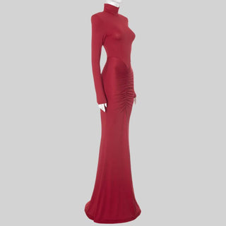 Elegant Red Long-Sleeve Evening Dress with Shoulder Pads and Ruched Hip Detail - Fishtail Maxi Gown
