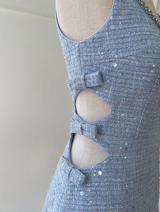 Sleeveless Blue Tweed Mini Dress with Bow Accents and Embellished Neckline