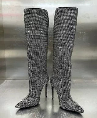 Rhinestone Knee High Boots with Pointed Toe and Stiletto Heel