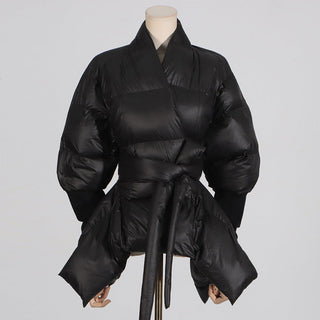 Casual Slim Fit Puffer Jacket with Belt - Women's Long-Sleeve Wrap Coat