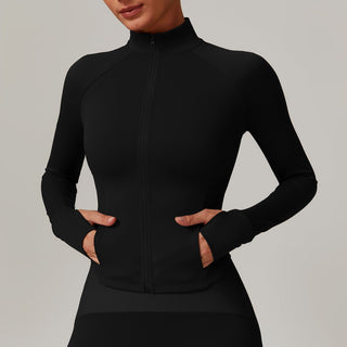 High-Neck Zip-Up Sports Jacket with Thumbholes
