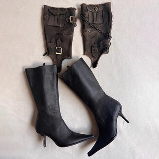Distressed Leather Mid-Calf Boots with Buckle and Chain Detailing