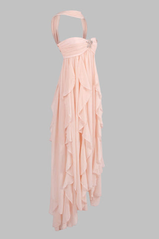 Strapless Ruffle Chiffon Long Dress with Rhinestone Starfish Brooch Backless, Layered Flowing Skirt