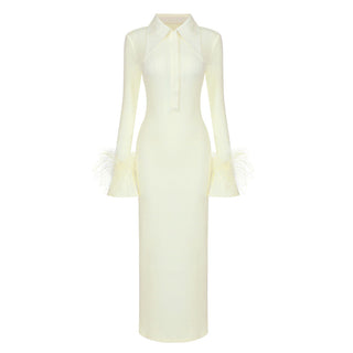 Feather Cuff Long Sleeve Bandage Long Dress