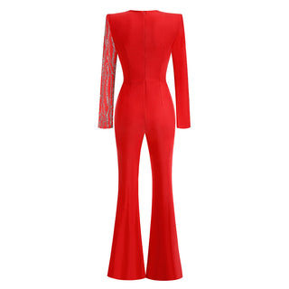 Sexy Deep V-Neck Rhinestone Flared Jumpsuit - Slim Fit Long Sleeve