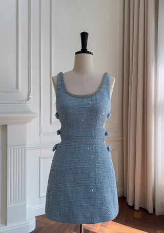 Sleeveless Blue Tweed Mini Dress with Bow Accents and Embellished Neckline