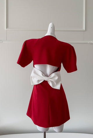 Red Short-Sleeve Bow-Back Mini Dress