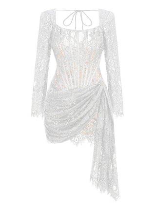 Elegant Black Lace Draped Corset -Long Sleeves Mini Dress