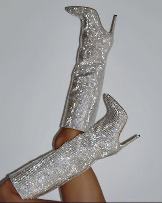 Rhinestone Knee High Boots with Pointed Toe and Stiletto Heel