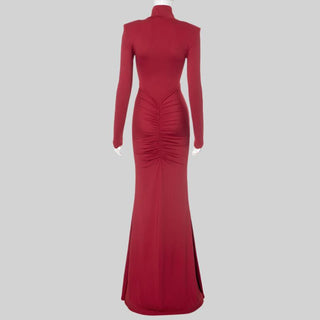 Elegant Red Long-Sleeve Evening Dress with Shoulder Pads and Ruched Hip Detail - Fishtail Maxi Gown