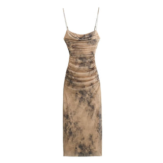 Marble Print Sleeveless Mesh Long Dress