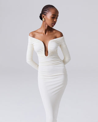 Elegant Off-Shoulder Long Sleeve U-Neck Tall Dress