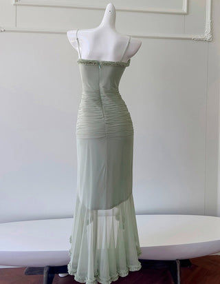Elegant Sleeveless Long Mesh Dress with Ruffled Details