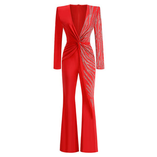 Sexy Deep V-Neck Rhinestone Flared Jumpsuit - Slim Fit Long Sleeve