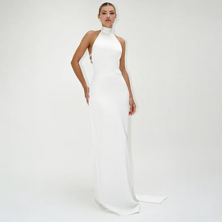 Pearl Elegance Halter Backless Long  Dress